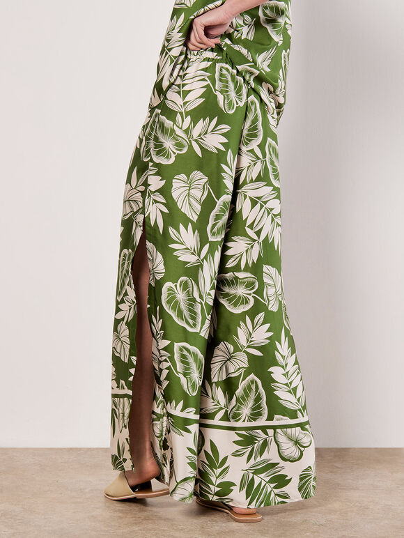 Tropical Leaf Print Satin Wide Leg Trousers, Green, large