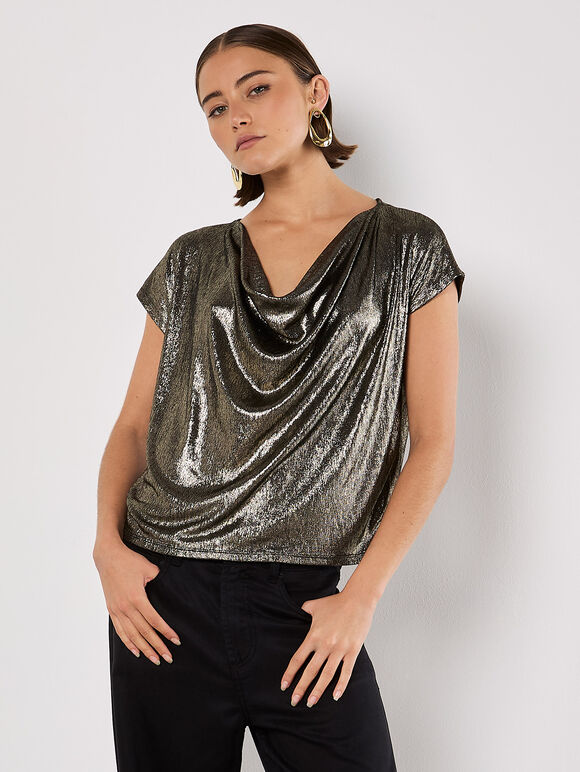 Metallic Foil Cowl Neck Top, Yellow, large