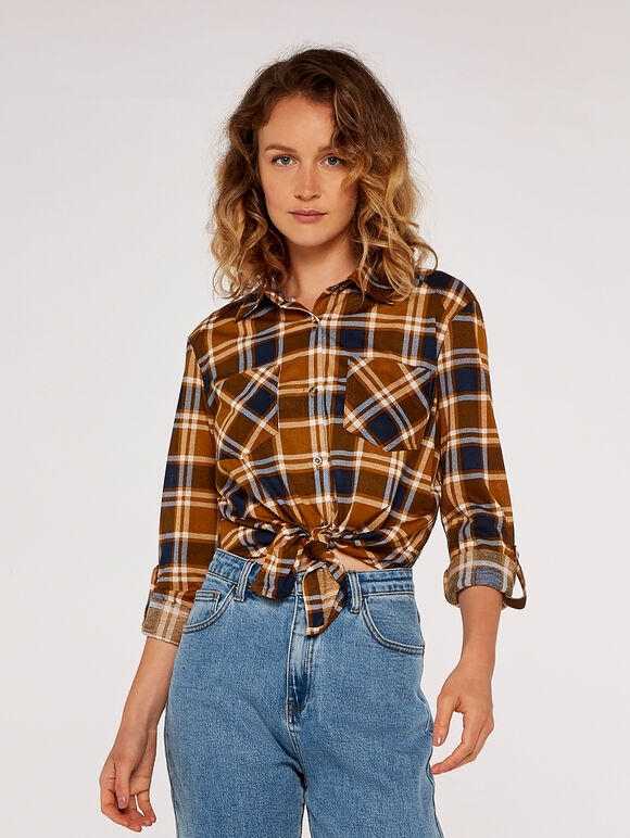Check Tie Front Shirt, Rust, large