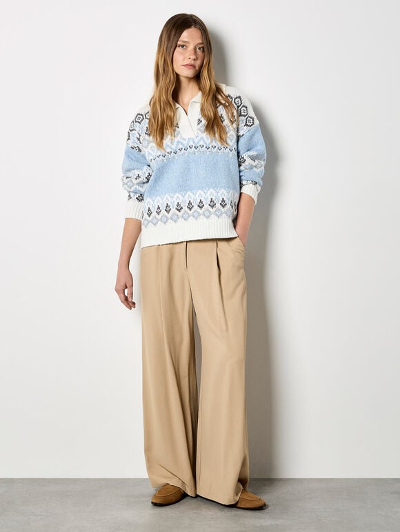 Open Collar Fair Isle Jumper, Blue, large