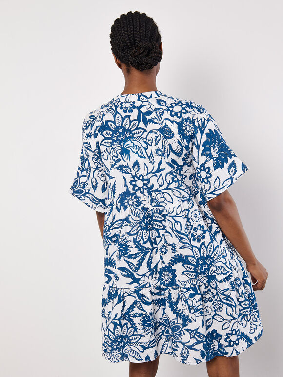 Floral Cotton Mini Dress, Blue, large