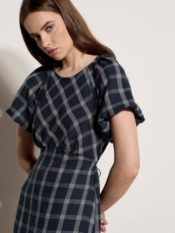 Check Print Midaxi Dress, Navy, large