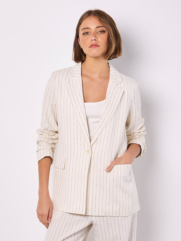 Pinstripe Linen Blend Blazer, Stone, large
