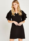 Black Ruffle V-Neck Shift Dress, Black, large