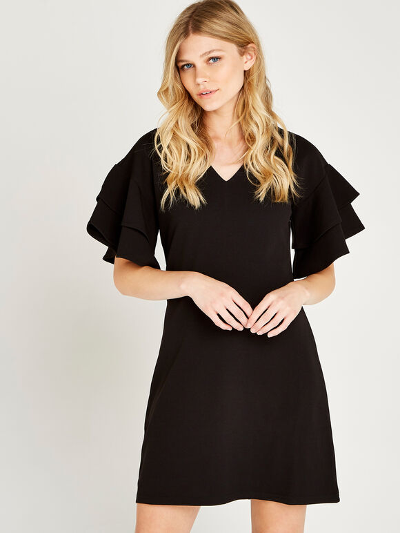 Black Ruffle V-Neck Shift Dress, Black, large