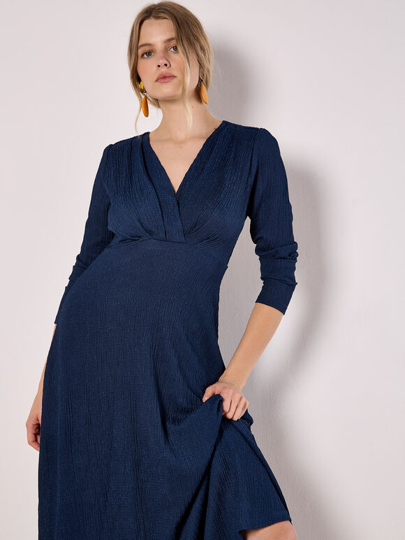 V-Neck Textured Midi Dress, Navy, large