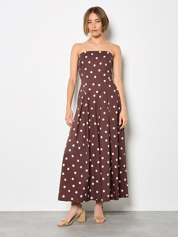 Polka Dot Bow Back Wide-Leg Jumpsuit, Brown, large