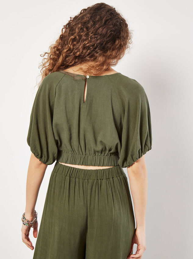 Linen Blend Crop Top, Khaki, large