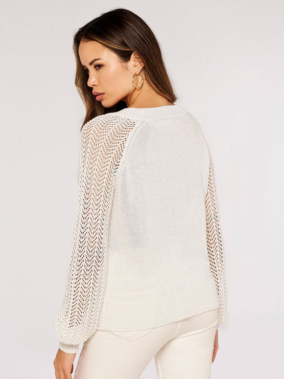 Contrast Crochet Shimmer Jumper , Cream, large