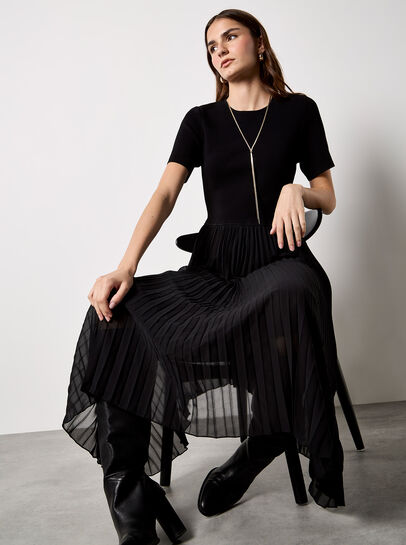 Rib Knit Chiffon Skirt Midi Dress