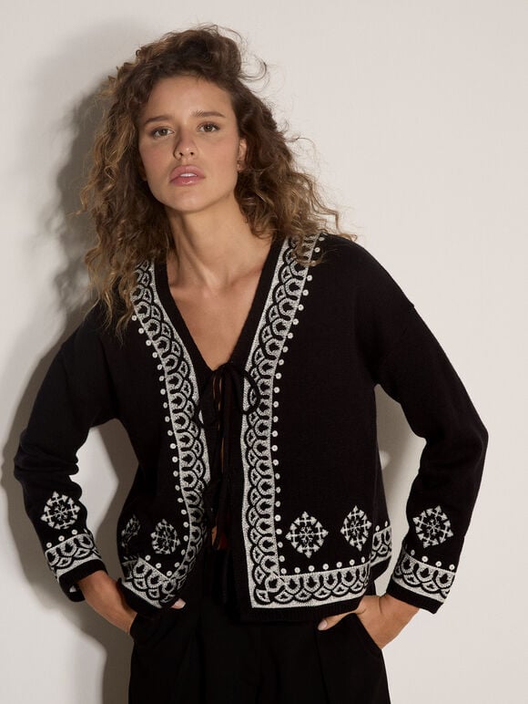 Soft Ribbed Knit Embroidered Cardigan, Black, large