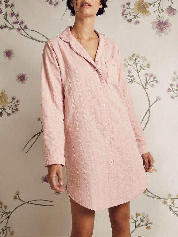 Embroidered Stripe Shirt Dress, Pink, large