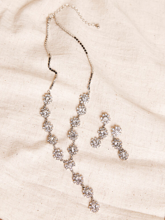 Diamonte Necklace & Earrings, Grey, large