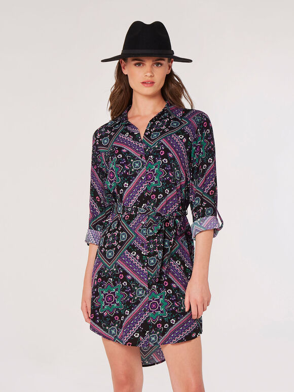 Scarf Print Shirt Mini Dress, Purple, large