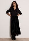 Pleated Velvet Lace Trim Midi Skirt, Black, large