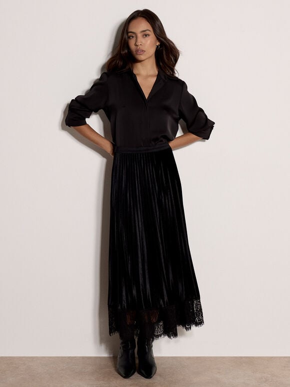 Pleated Velvet Lace Trim Midi Skirt, Black, large