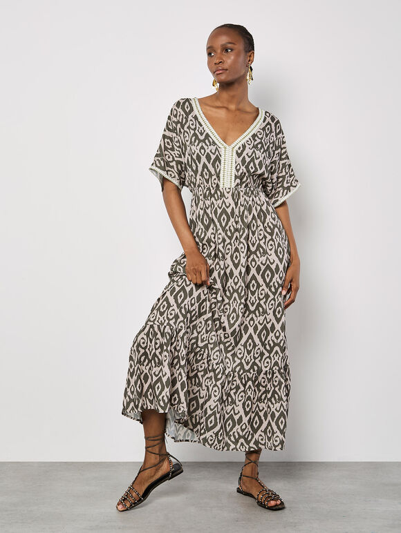 Ikat Swirl Shimmer Maxi Dress, Khaki, large