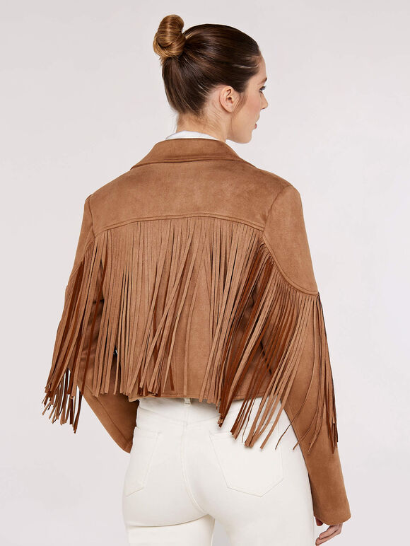 Fringed Suedette Jacket, Brown, large