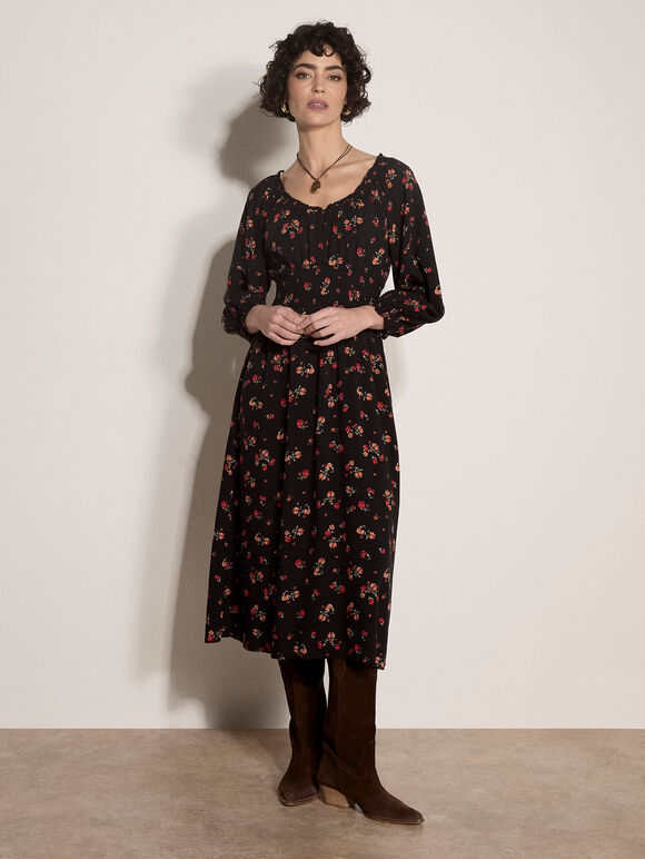 Floral Midi Dress, Black, large