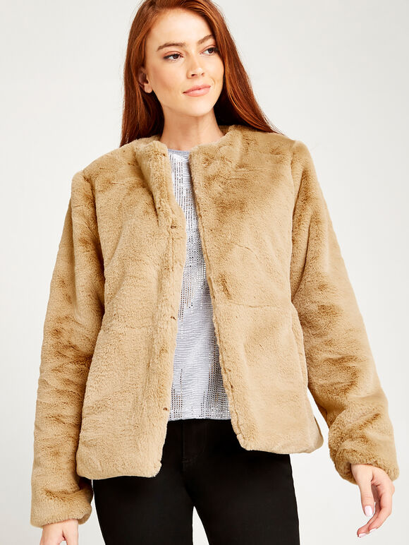Faux Fur Two Pocket Coat, Stone, large