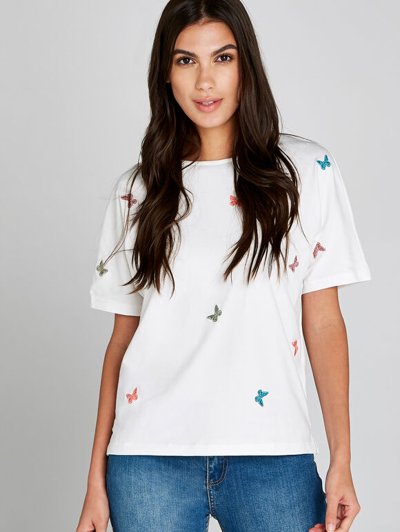 Embroidered Butterfly T-Shirt, Cream, large