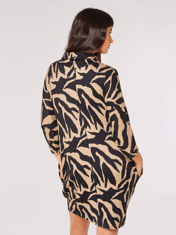 Zebra Roll Neck Cocoon Mini Dress, Stone, large