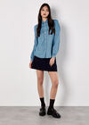Balloon Sleeve Denim Shirt, Blue, large