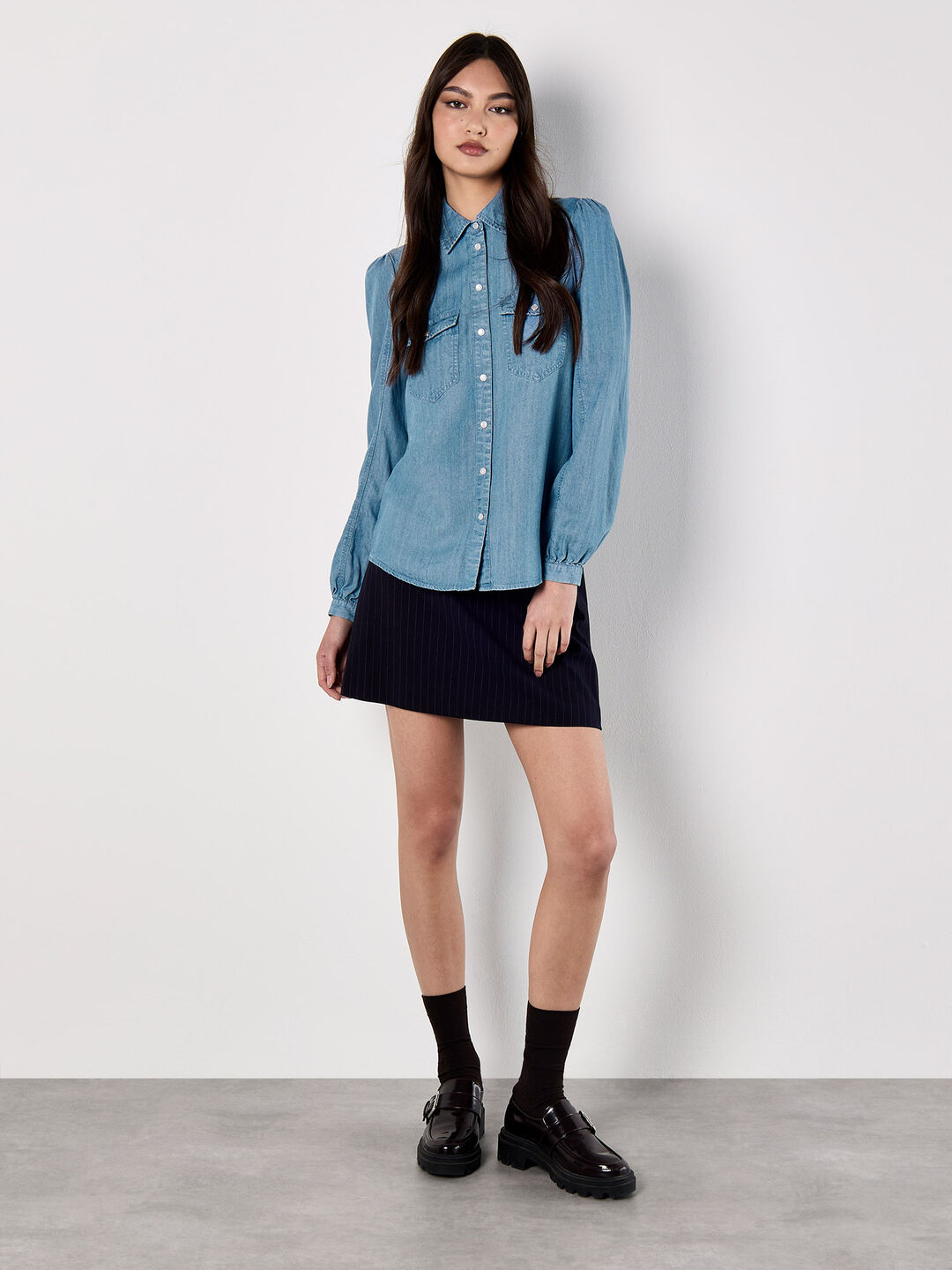 Image of Balloon Sleeve Denim Shirt