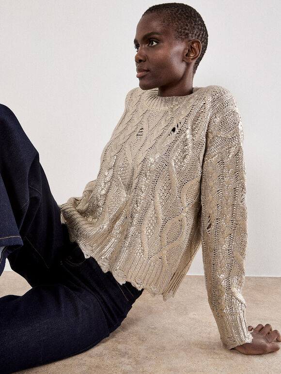 Distressed Gold Foil Metallic Cable Jumper, Gold, large