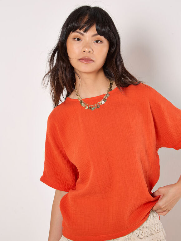 Textured Cotton Button Back T-Shirt, Orange, large