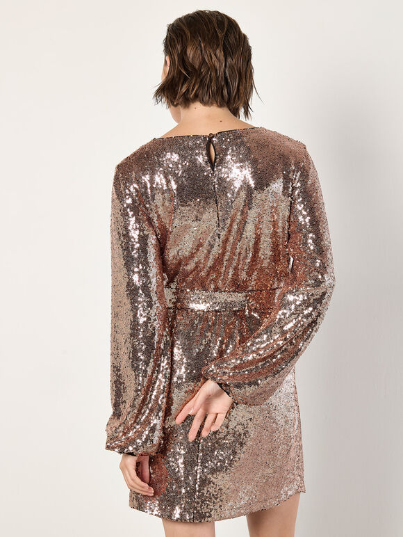 Sequin Shift Mini Dress, Brown, large