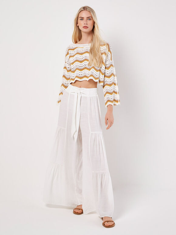 Tiered Wide-Leg Woven Trousers, Cream, large