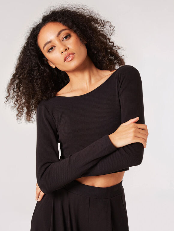 Ribbed Knit Crop Top, Black, large