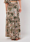 Satin Scarf Print Tiered Maxi Skirt, Khaki, large