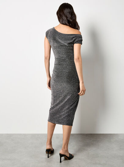 Drape Shoulder Wrap Shimmer Midi Dress