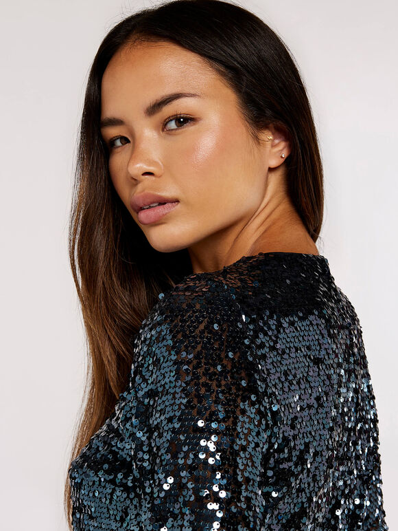 Sequin Shift  Mini Dress, Dark Grey - Charcoal, large