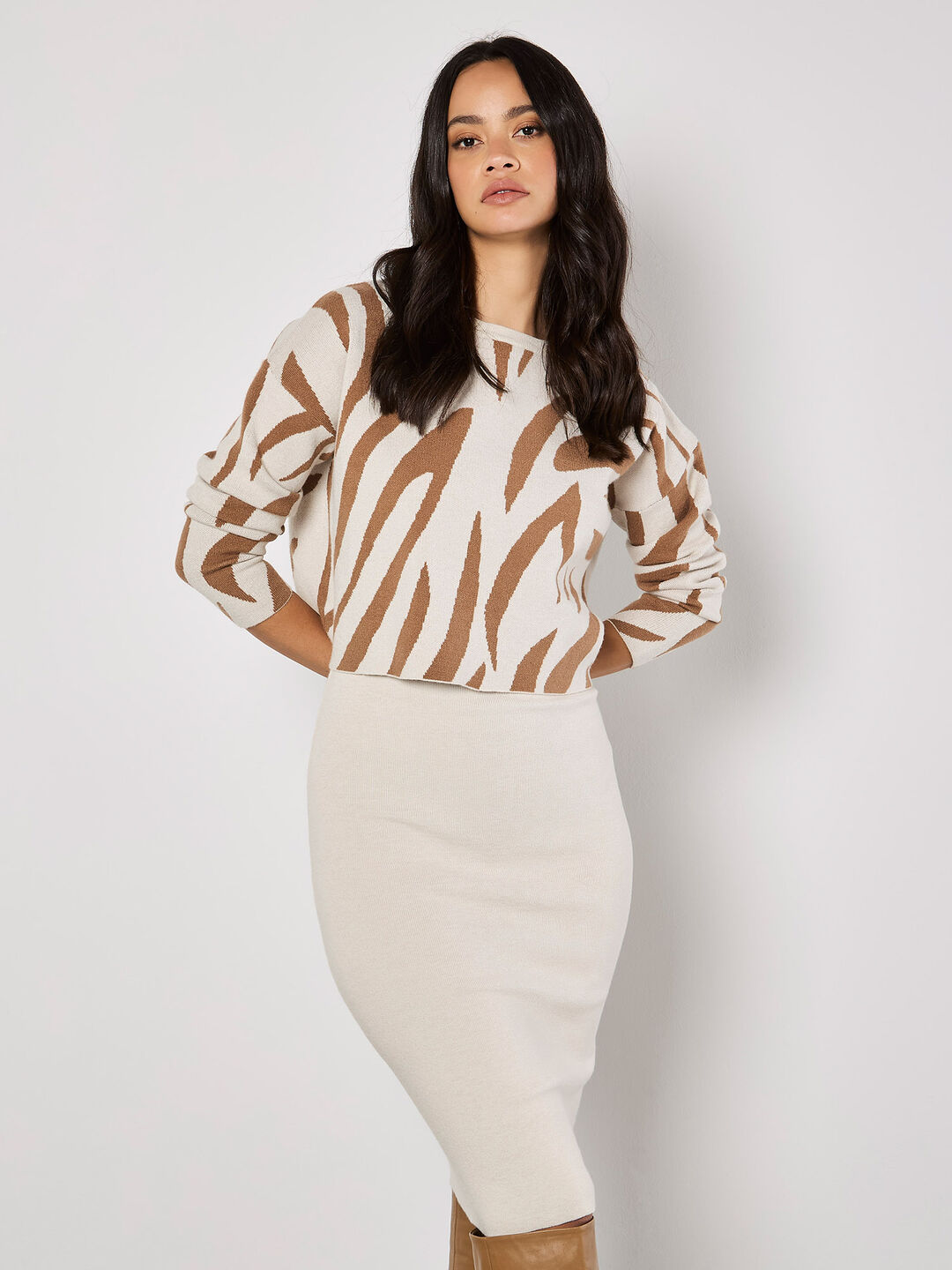 Zebra Jumper Knitted Midi Dress Set