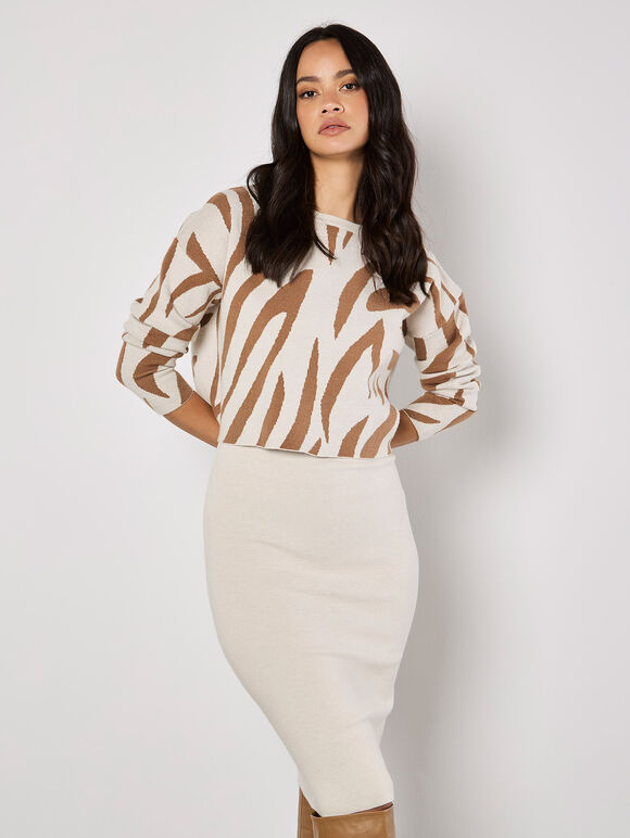 Zebra Jumper Knitted Midi Dress Set, Cream, large