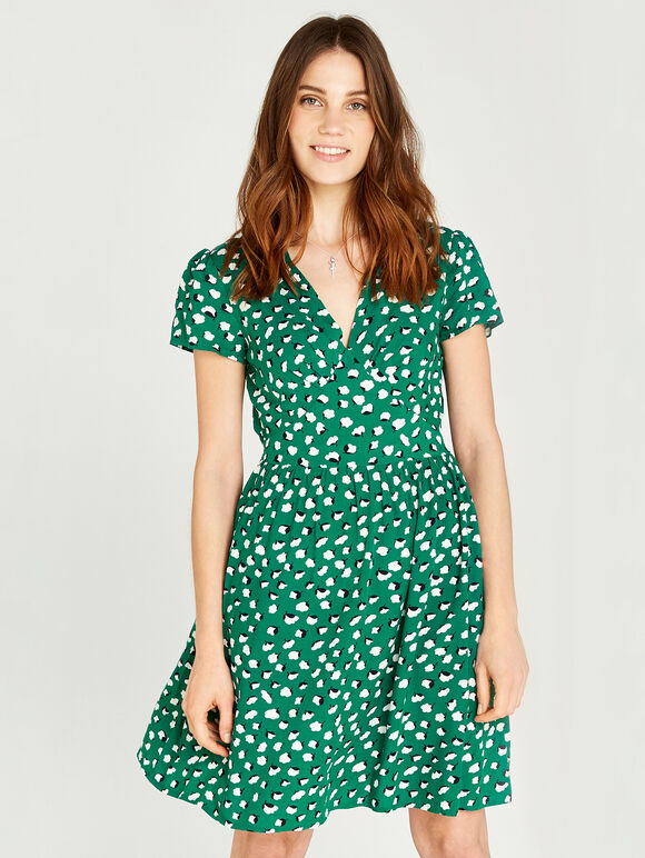 Floral Bud V Neck Empire Dress, Green, large
