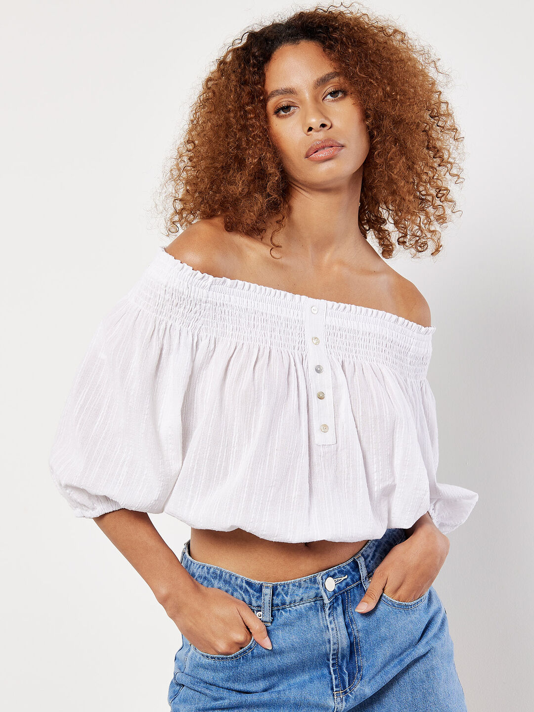 Textured Cotton Bardot Crop Top Apricot Clothing
