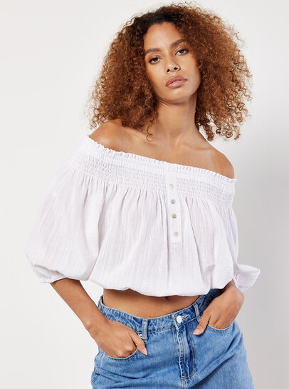 Textured Cotton Bardot Crop Top