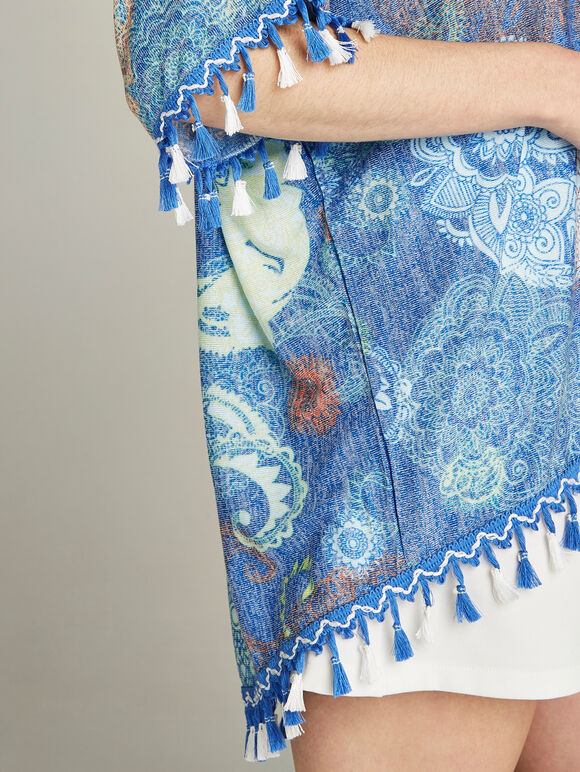 Blue Paisley Psychedelic Tassel Top, Blue, large