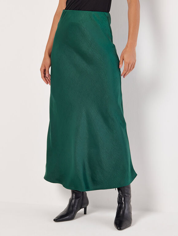 Satin Bias Midi Skirt, Green, large