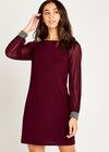Sheer Sleeve Beaded Cuff Shift Dress, Burgundy, large