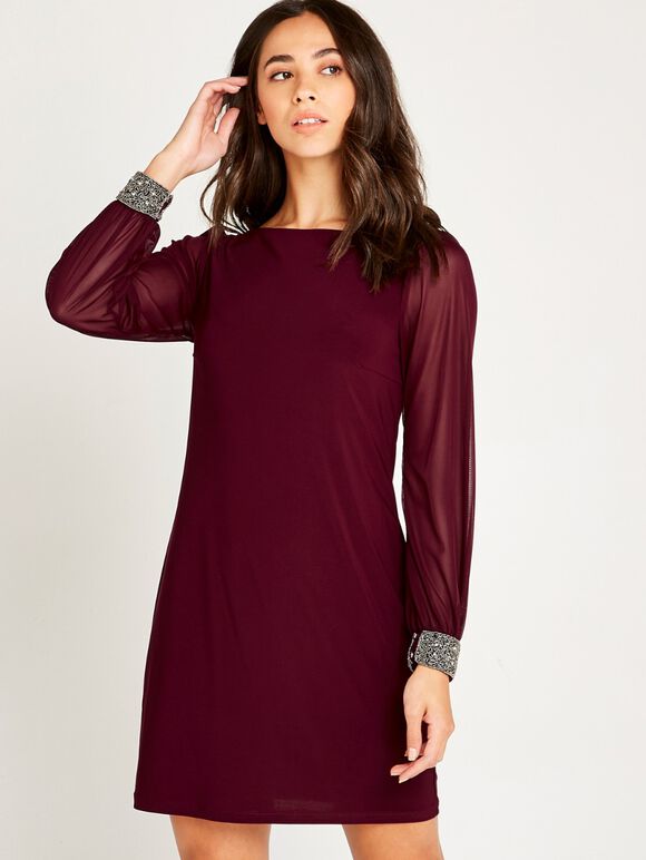 Sheer Sleeve Beaded Cuff Shift Dress, Burgundy, large