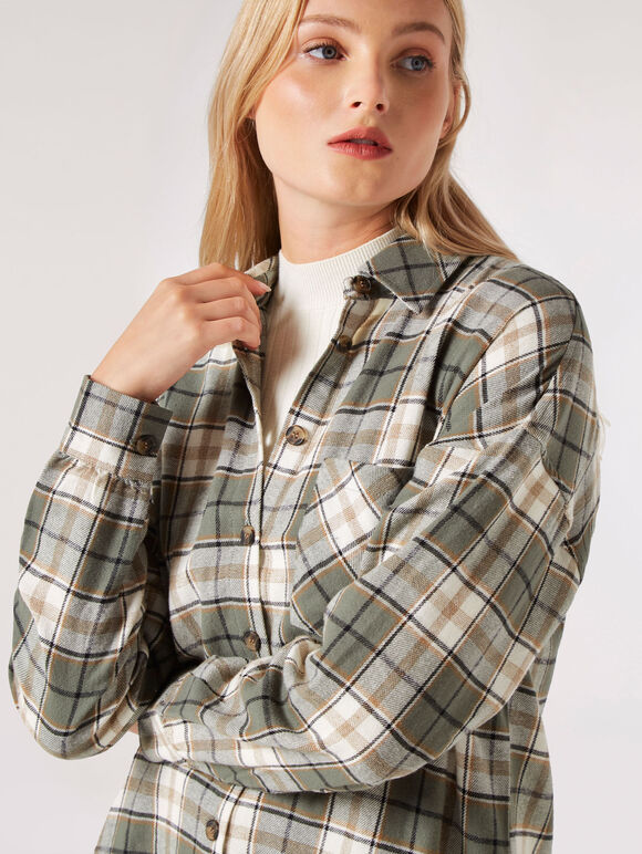 Oversized Plaid Shirt, Khaki, large