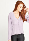 Button Front V Neck Long Sleeve Blouse, Lilac, large