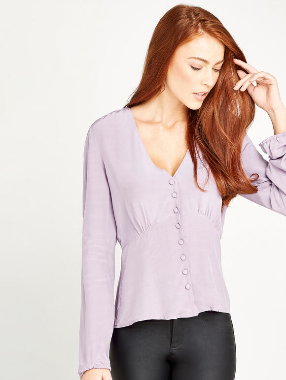 Button Front V Neck Long Sleeve Blouse, Lilac, large