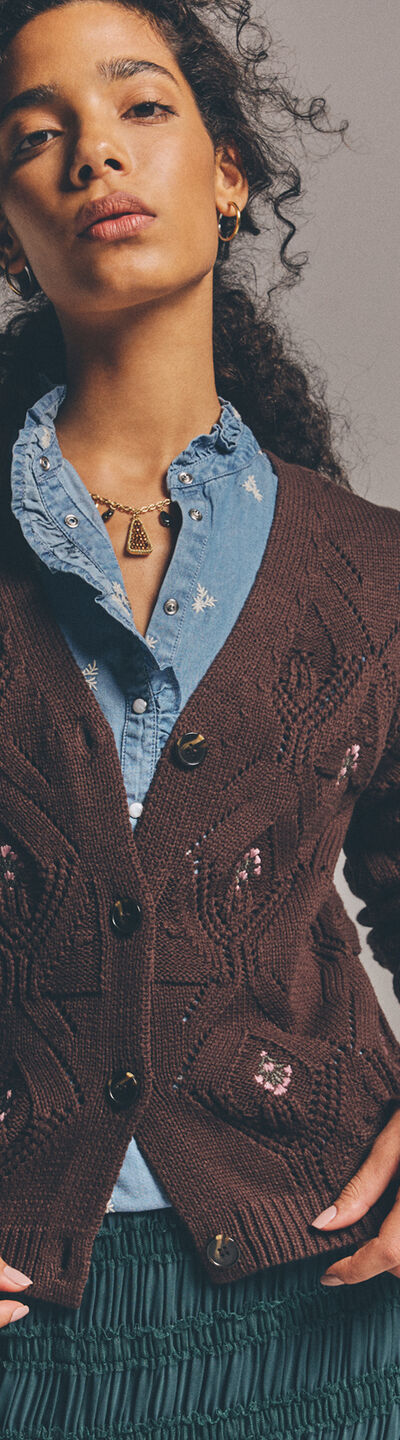 Pointelle Diamond Floral Cotton Blend Cardigan