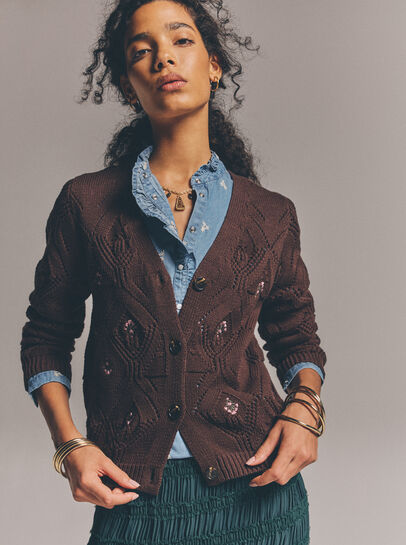Pointelle Diamond Floral Cotton Blend Cardigan
